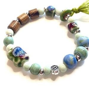 Green Tassel Bracelet Blue White Silver Wood Swirl Ceramic Beads Elastic